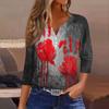 Women's Casual Halloween Print V Neck Button Front Three Quarter Sleeve T Shirt Top Lightweight Comfortable Fit for Everyday Wear