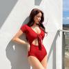 2024 Women's Slimming Short Sleeve One-Piece Swimsuit: Tummy Concealing, Solid Color, Backless, Stripe Design with Chest Pads