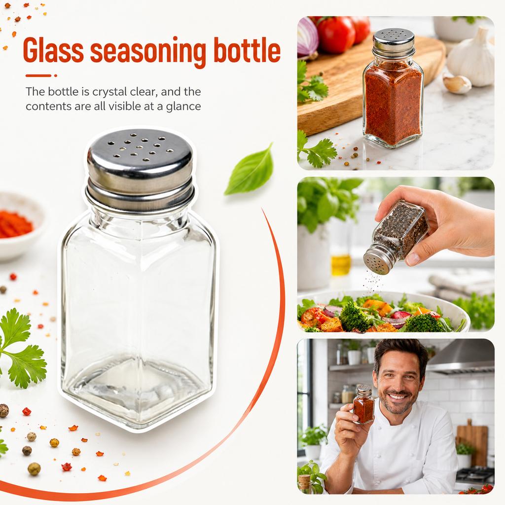 Glass Spice Shaker Bottle with Stainless Steel Screw-On Lid for Kitchen Seasoning Storage and Dispensing