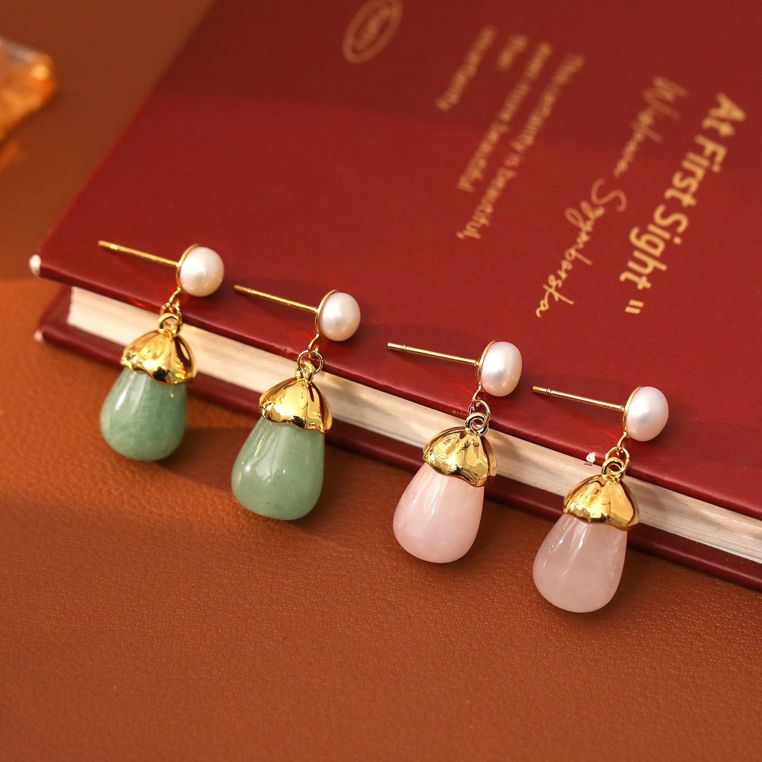 

Guochao Pink Chalcedony & Baroque Pearl Teardrop Earrings