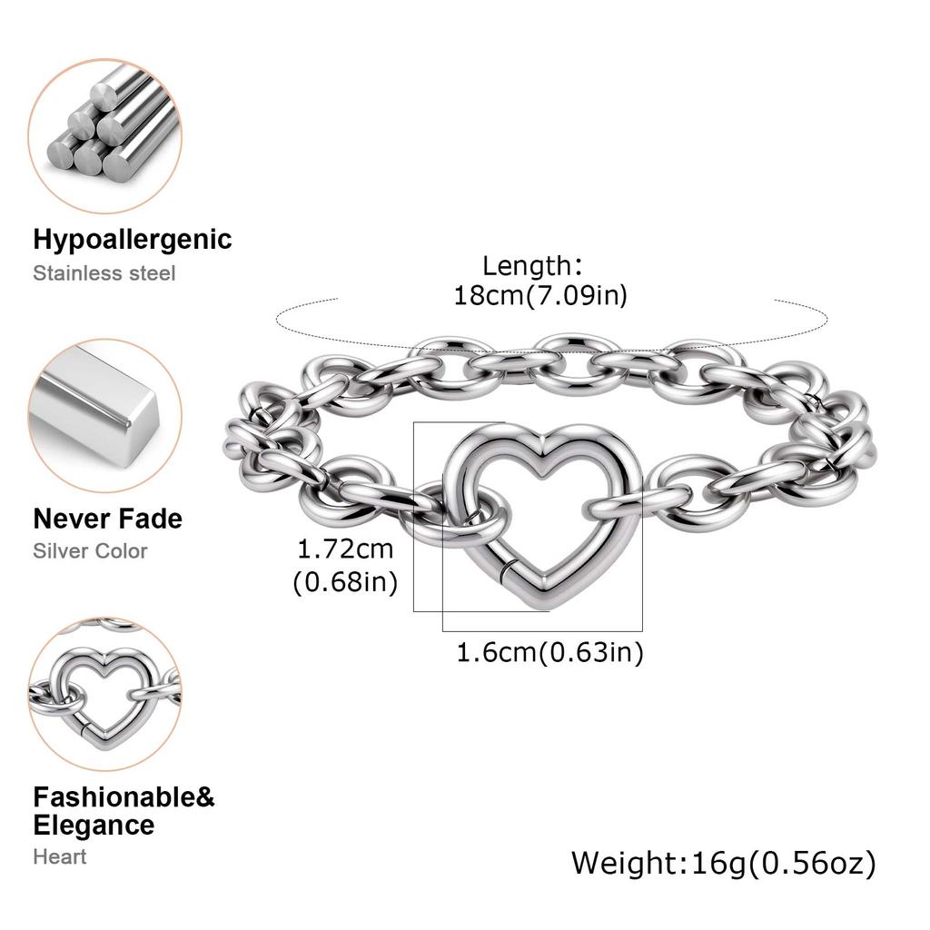Trendy Hollow Heart Love Buckle Stainless Steel Chunky Thick Rolo Chain Bracelets for Women Fashion Punk Wrist Jewelry Gift