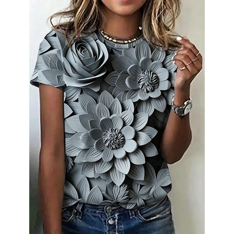 Camiseta de moda de verano para mujer, camiseta con estampado Floral 3d, Tops de talla grande, ropa para mujer, Top femenino de uso diario, camiseta de manga corta para mujer