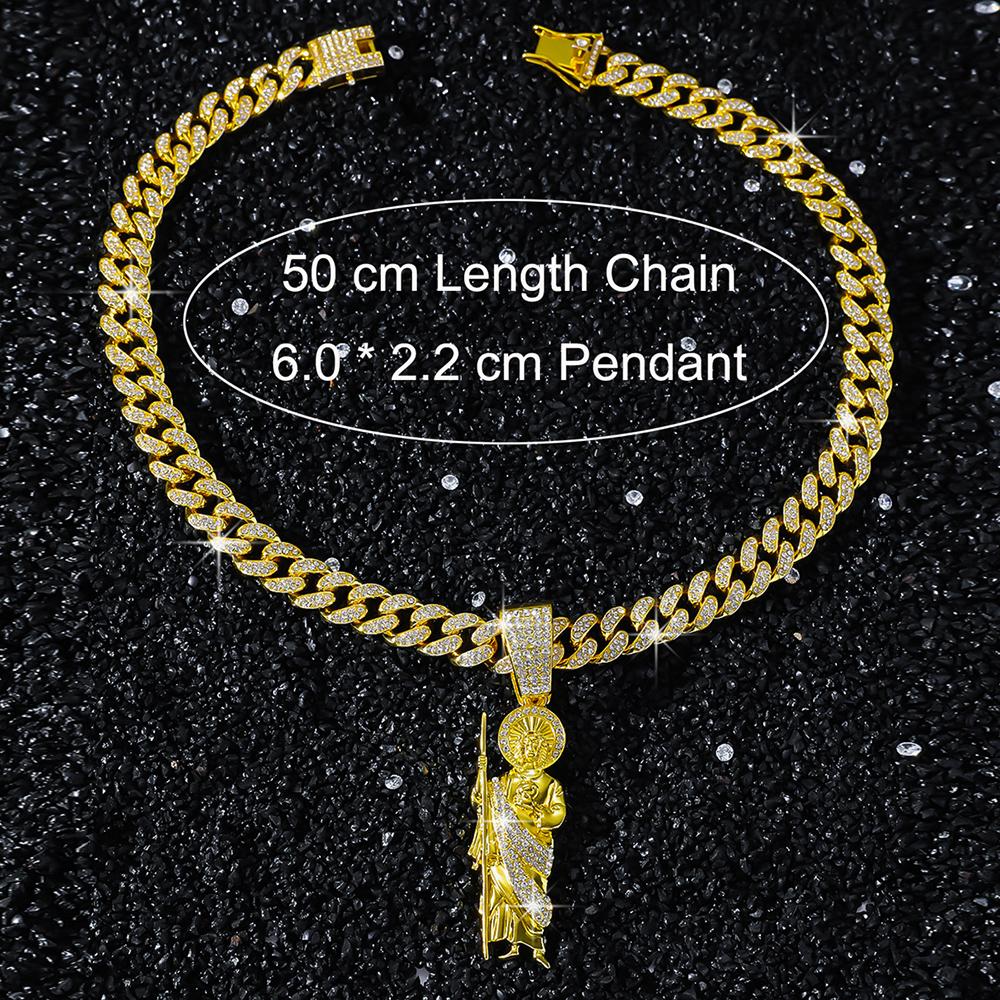 Hip Hop Men Bling Iced Out Crystal Miami Cuban Link Necklace For Women San Judas 13mm Cuban Chain Religious Jewelry Pendant Gift