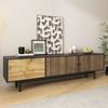 TV Cabinet, Lowboard with Door Panels with Water Wave Pattern and Three Drawers In a Wood and Black Color Scheme.