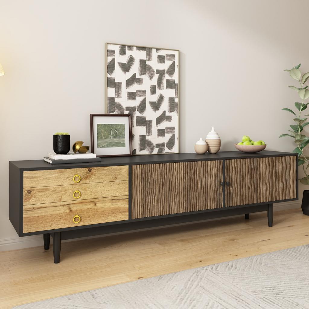 TV Cabinet, Lowboard with Door Panels with Water Wave Pattern and Three Drawers In a Wood and Black Color Scheme.
