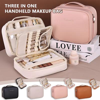 Three-in-one Multifunctional Partition Storage PU Cosmetic Bag Large Capacity High-end Portable Hand-held Cosmetic Brush Storage Bag