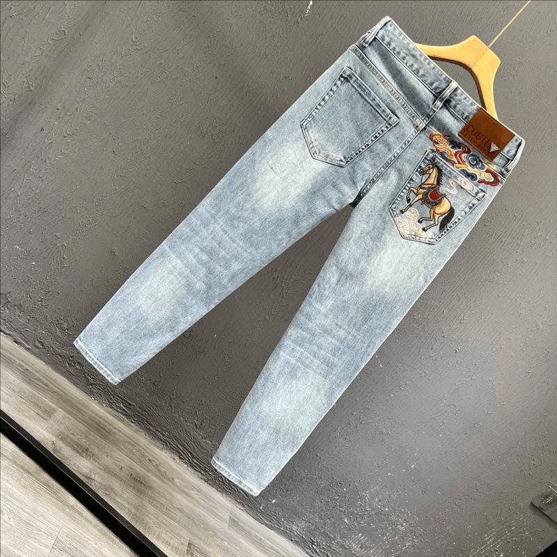 High-end light luxury printed jeans men's slim-fitting small feet European trendy brand casual versatile summer thin elastic trousers