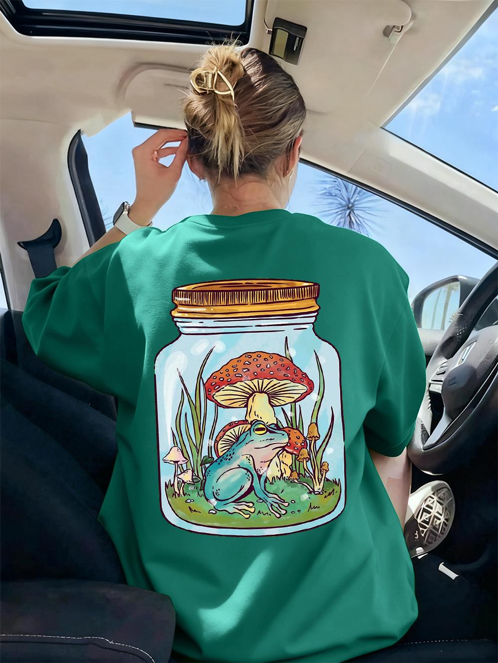 

Cute Frog With Mushrooms Printed TShirts Womens Casual Short Sleeve Tops Soft ONeck T Shirts Summer Loose Womans Streetwear 4XL