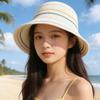 Color-Blocked Striped Knitted Hollow Fisherman Hat Vintage Style Bucket Sun Hat  Beach