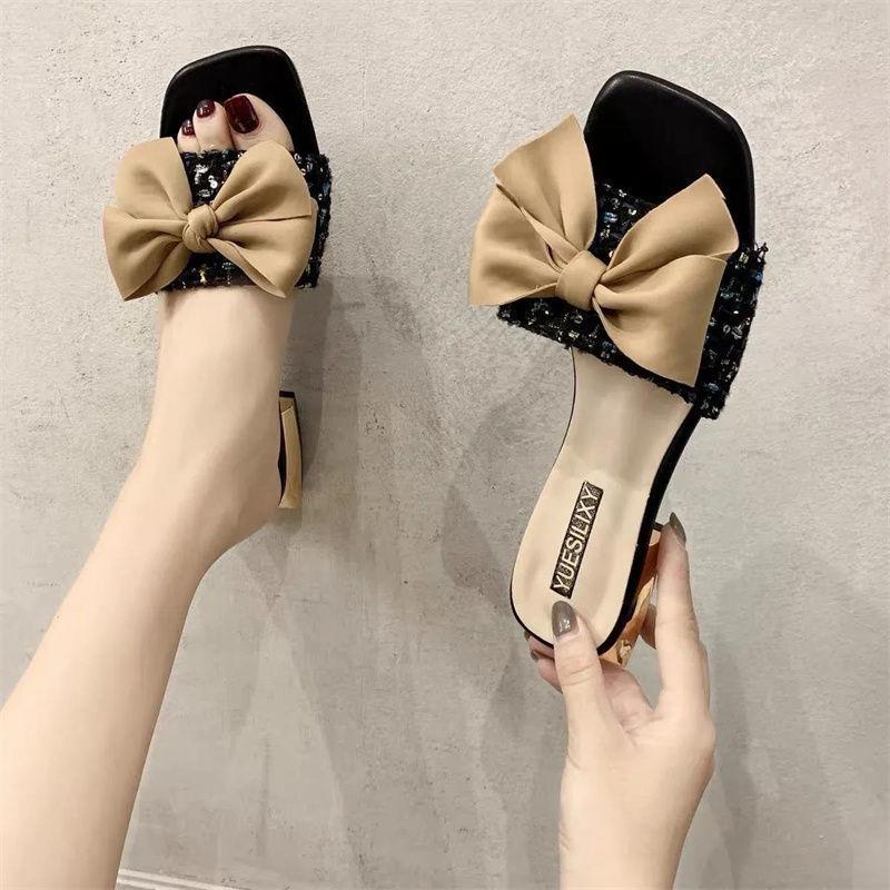 Fairy style slippers female summer 2025 new bow outer wear fashion thick heel versatile one-word drag ins tide