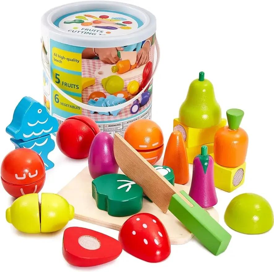 Wooden Play Food for Kids Kitchen Cutting Fruits Toys for Toddlers Pretend Vegetables Gift for Boys Girls Educational Toys