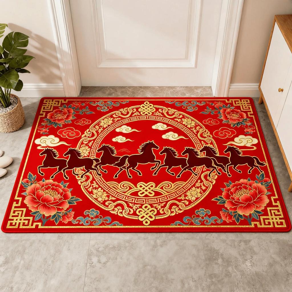 VIKAMA Spring Festival Red Horse Pattern Rug Non-Slip Mat 2026 Year of the Horse Spring Festival Living Room Doormat Home Decor