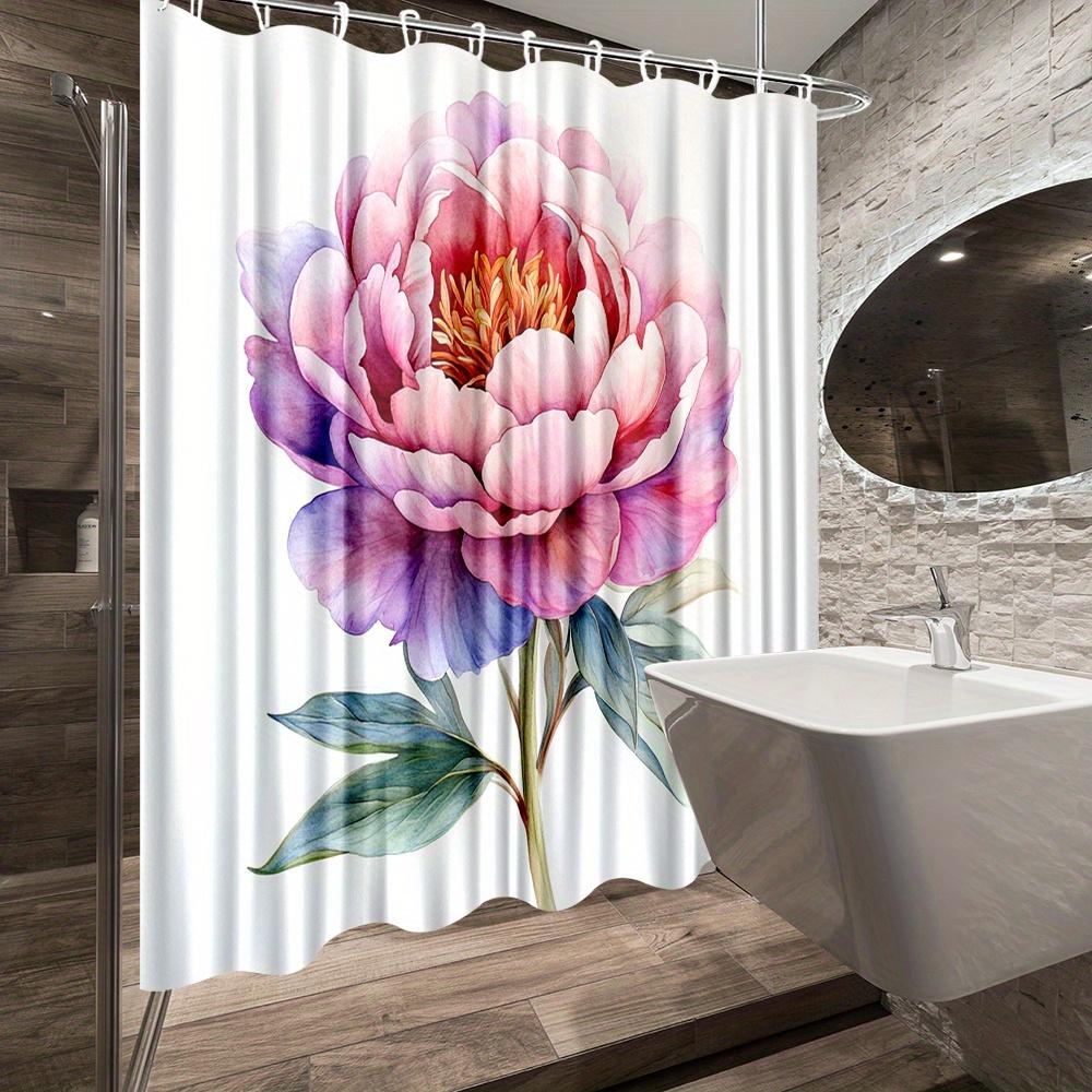 1Pc Elegant Peony Floral Shower Curtain - Vibrant Pink & Purple Design, Polyester Fabric, Includes 12 Hooks, 70. 8X70. 8 Inches,