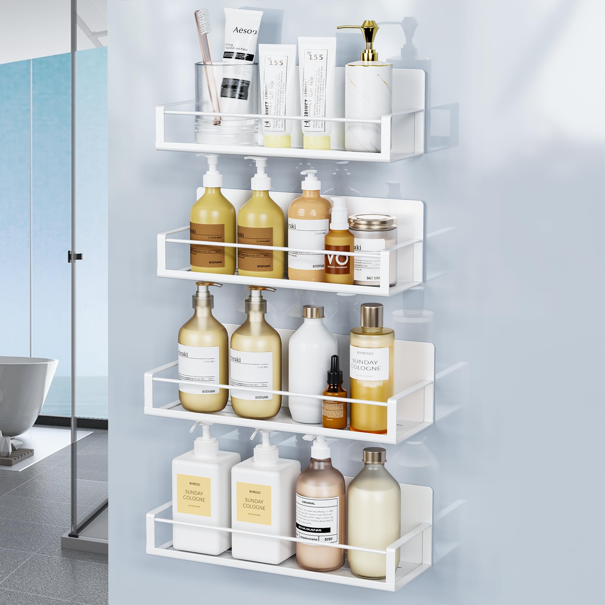 

Bullthree Полка для хранения в ванной, душевой, ванной комнате, магнитная присоска, настенная, без сверления, не ржавеющая, для хранения в ванной и на кухне, нержавеющая сталь, 4 яруса белый