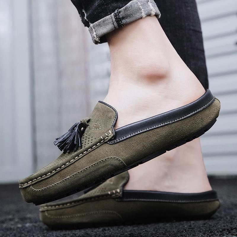 Fashion Breathable Suede Leather Loafers Handmade Mens Casual Muller Shoes Size 38-47 Tassel Slip on Half Flats Handmade Male Moccasins