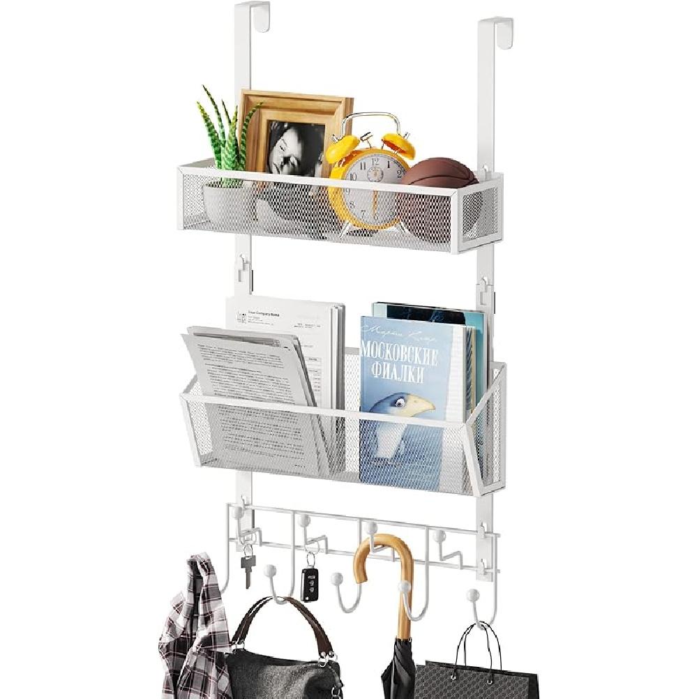HapiRm Over the Door Hanger with Coat Hooks and 2 Baskets, Rustproof & Waterproof Over the Door Hooks, Storage Organizer for Hats, Bathroom, Kitchen,