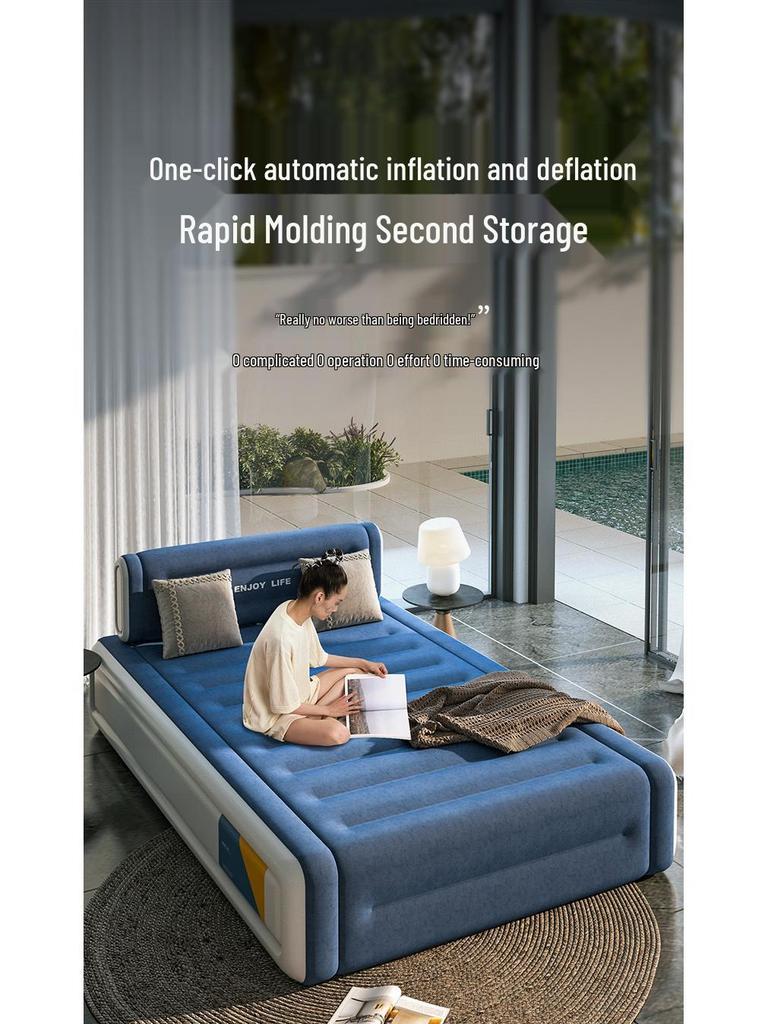 Double-Height Flocked Inflatable Bed - Foldable Single Mattress with Automatic Inflation