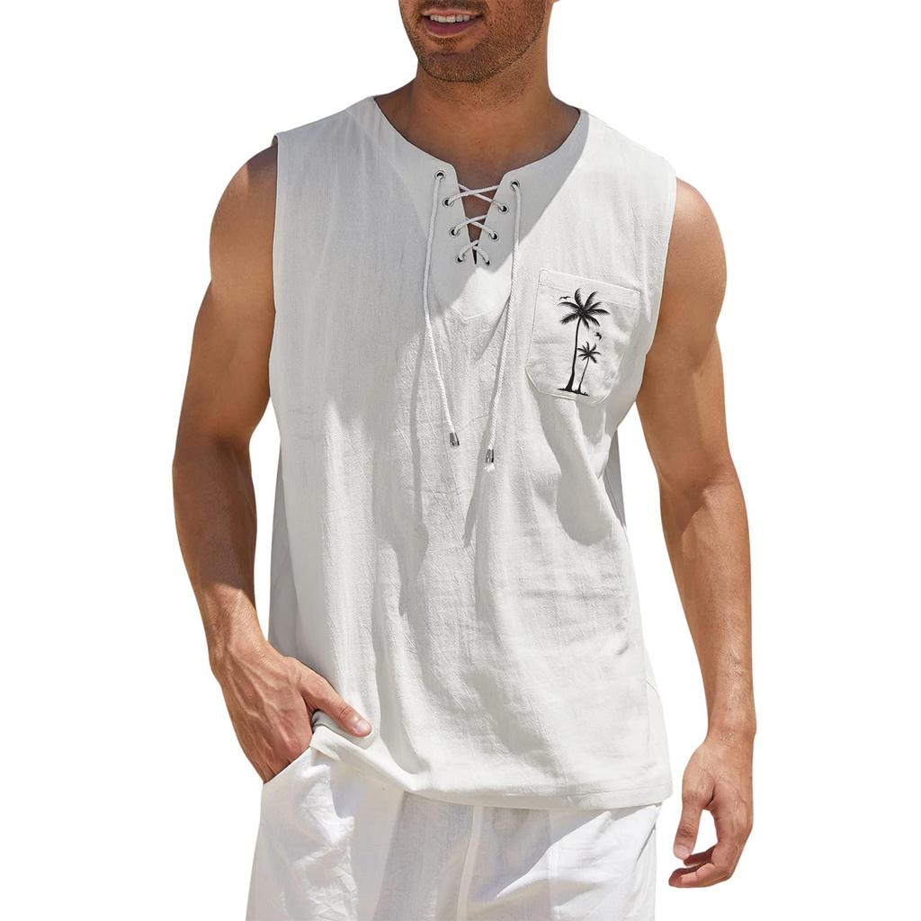 Men's Hawaiian Print Tank Top - Casual Loose Fit Sleeveless Tie Front, Hawaiian Floral Pattern Summer Beach Vacation Outdoor Sports Travel Top