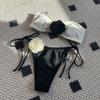 Women European American Color Block Rose Strapless Lace Up Two Piece Bikini Swimsuit
