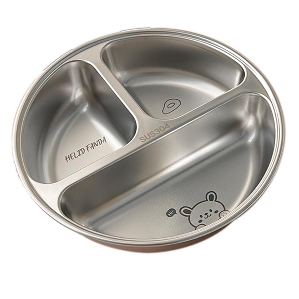 Cute 304 Stainless Steel Divided Dinner Plate 3 Compartments Portion Control Lunch Box Kitchen Round Food Container