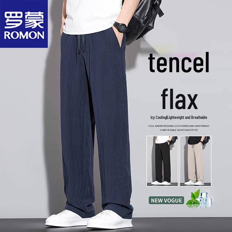 ROMON Men's Summer Tencel Linen Blend Casual Straight Leg Pants