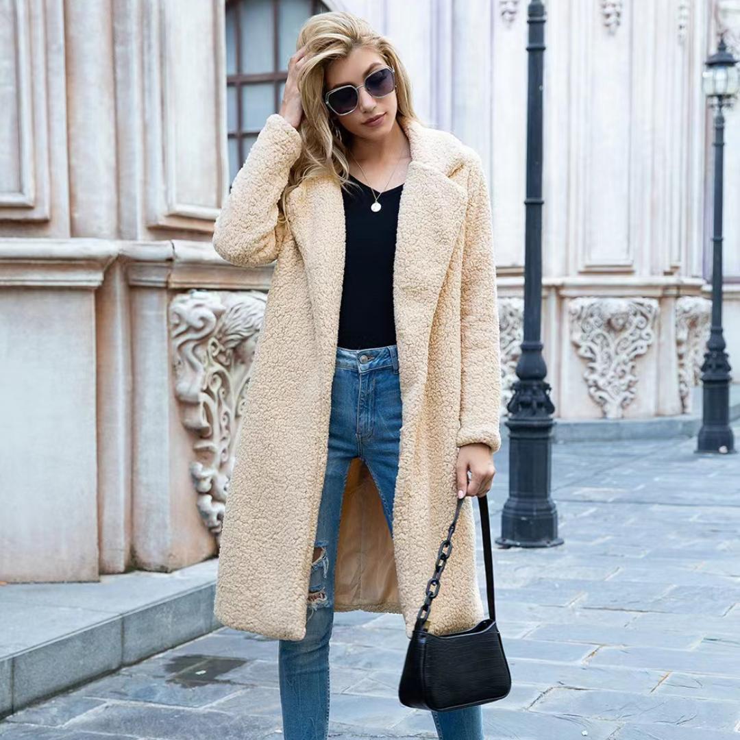 

Осенне-зимнее женское однотонное пальто средней длины из овечьей шерсти, свободное повседневное пальто S бежевый