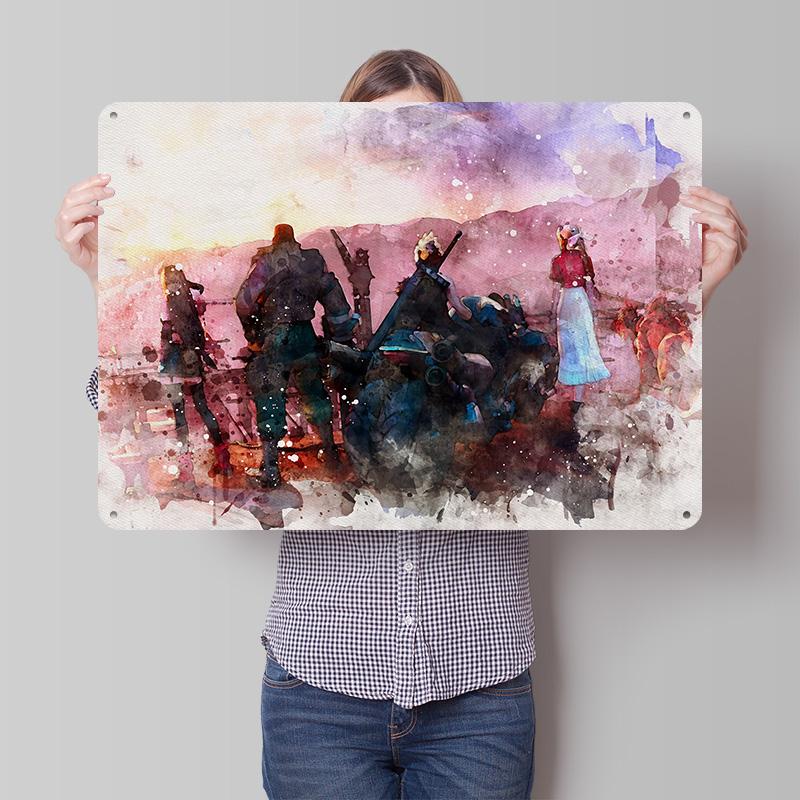 FF VII Watercolor Fan Art D Texture Printed Poster Custom Vintage Metal Tin Plate Sign for Wall Art Gaming Room Decoration Man