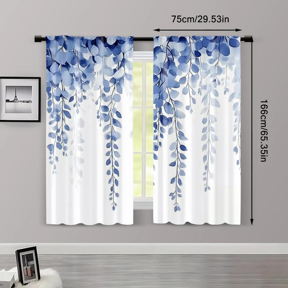 2pcs   Curtains&Window Treatment  Print Blue Leaf Pattern Versatile Fabric (without Rod) Versatile All Use for Living Room