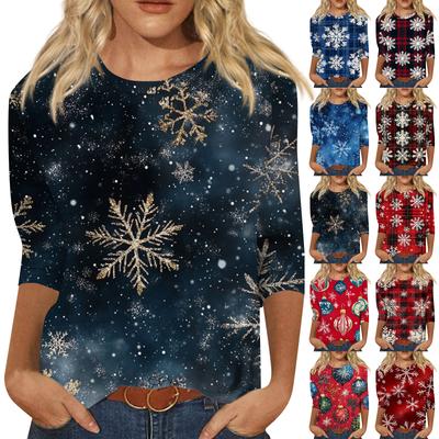 Women's Fashion Casual Seven Sleeve Christmas Printed Round Neck Top