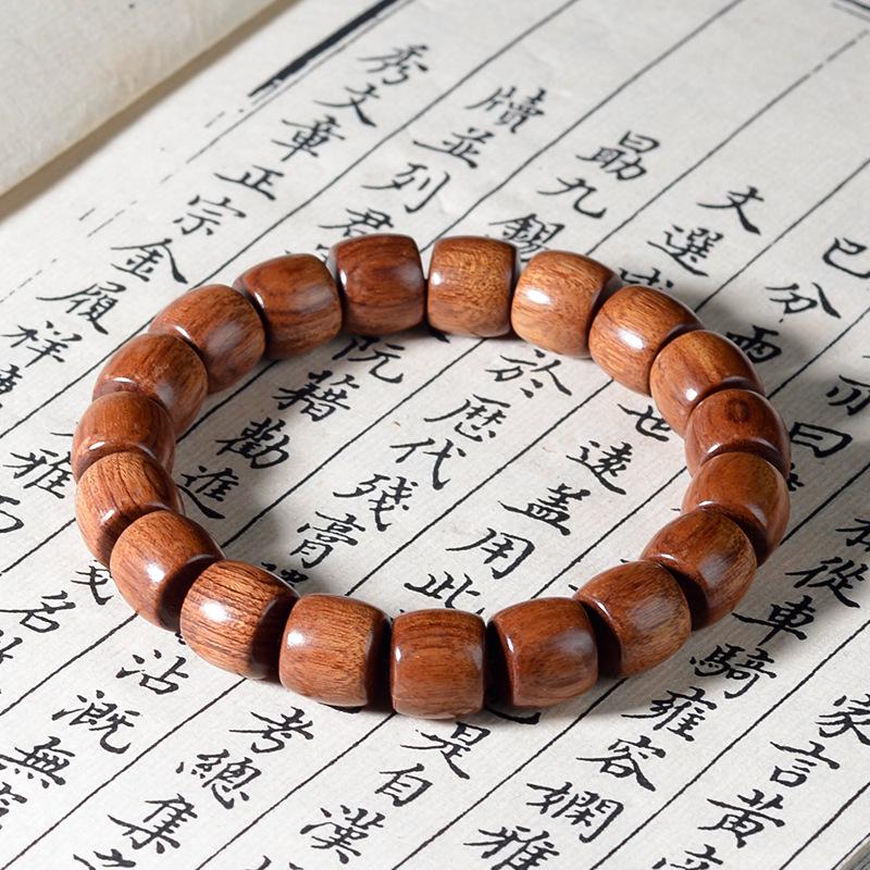 Ethnic Green Sandalwood Straight-Cut Barrel Bead Bracelet, Handmade Unisex Cultural Play Single Loop