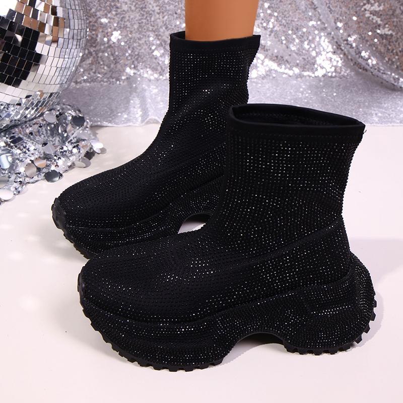 

Модные роскошные ботильоны на платформе со стразами для женщин 2025 Новые ярко-розовые на толстой подошве уличные туфли женские модные массивные ботинки слипоны 42 чёрный