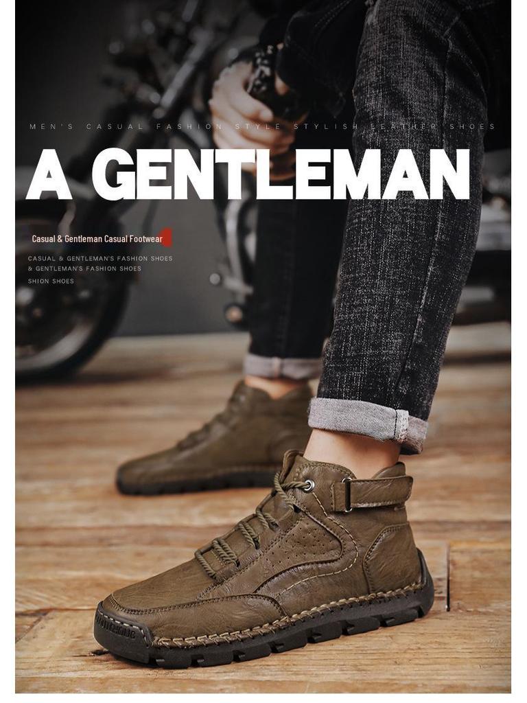 Men's Plus-Size Handmade Leather Ankle Boots: Fashionable Lace-Up Casual Shoes