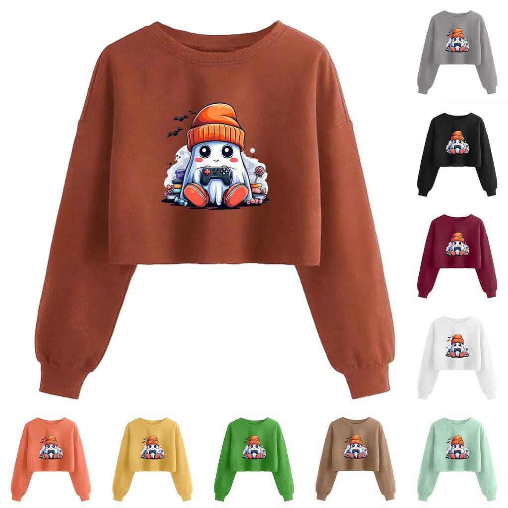 Women's Fashion Halloween Printed Navel-Exposed Long Sleeve Pullover Sweatshirt