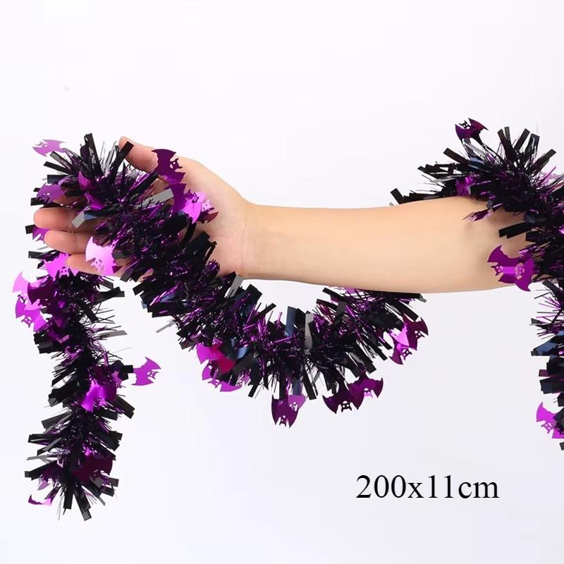 2m Halloween Tinsel Garland with Pumpkin Spider Bat Designs Shiny Metallic Twist for Home Tree Indoor Outdoor Party Decorations