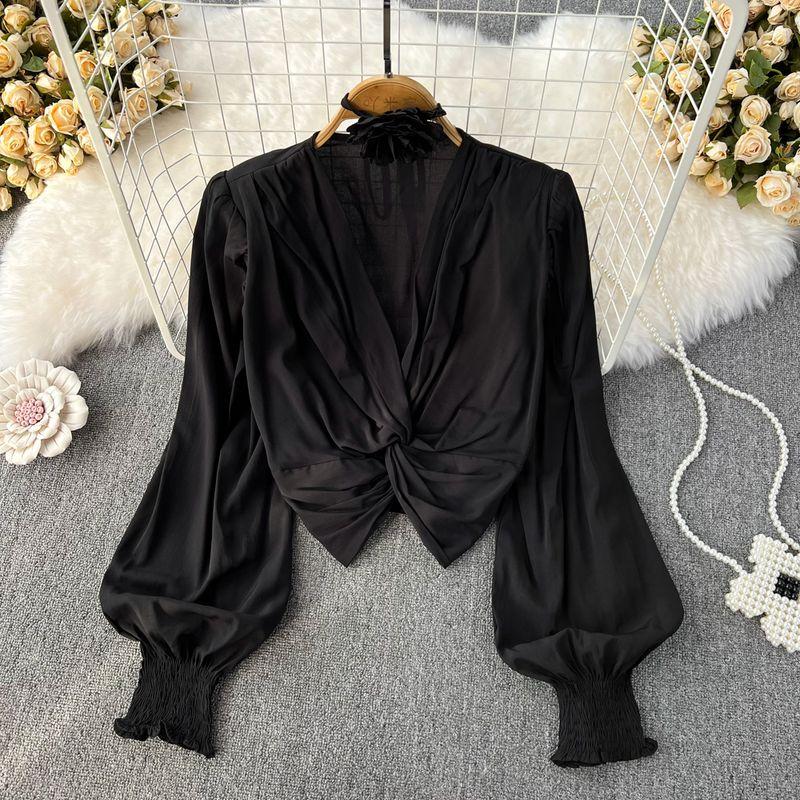 

Cross French Style Long Sleeve Fall High-Waist Blouse 2024 Pure black All yards