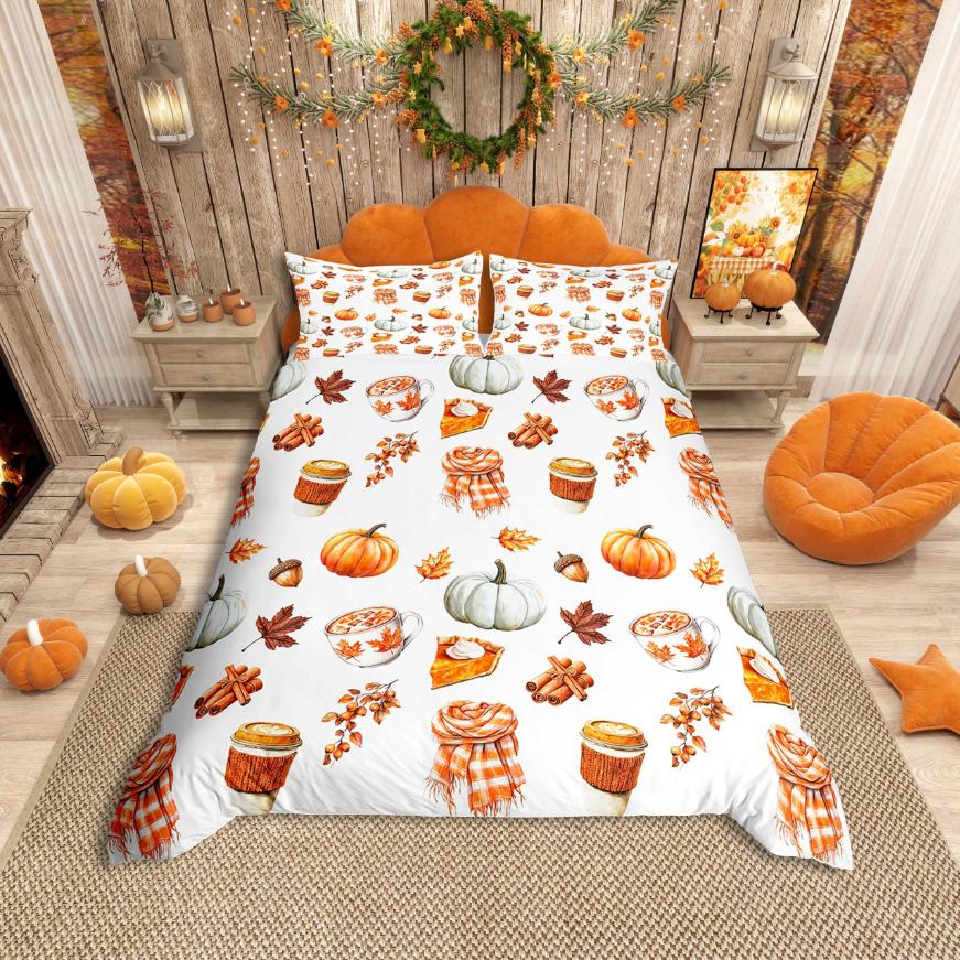 Homewish Fall Pumpkin Duvet Cover SetAutumn Theme Bedding SetOrange Truck Bed Set For AdultsBreathable Home Decor