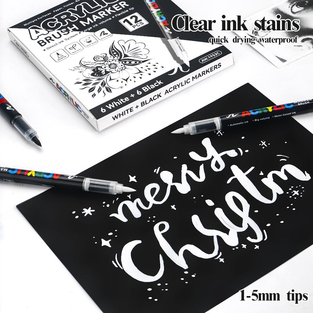 ART WALKER AW.1953 Direct Liquid Art Brush Marker Soft Tip White&Black Acrylic Pen Journaling Drawing DIY Album Black Card