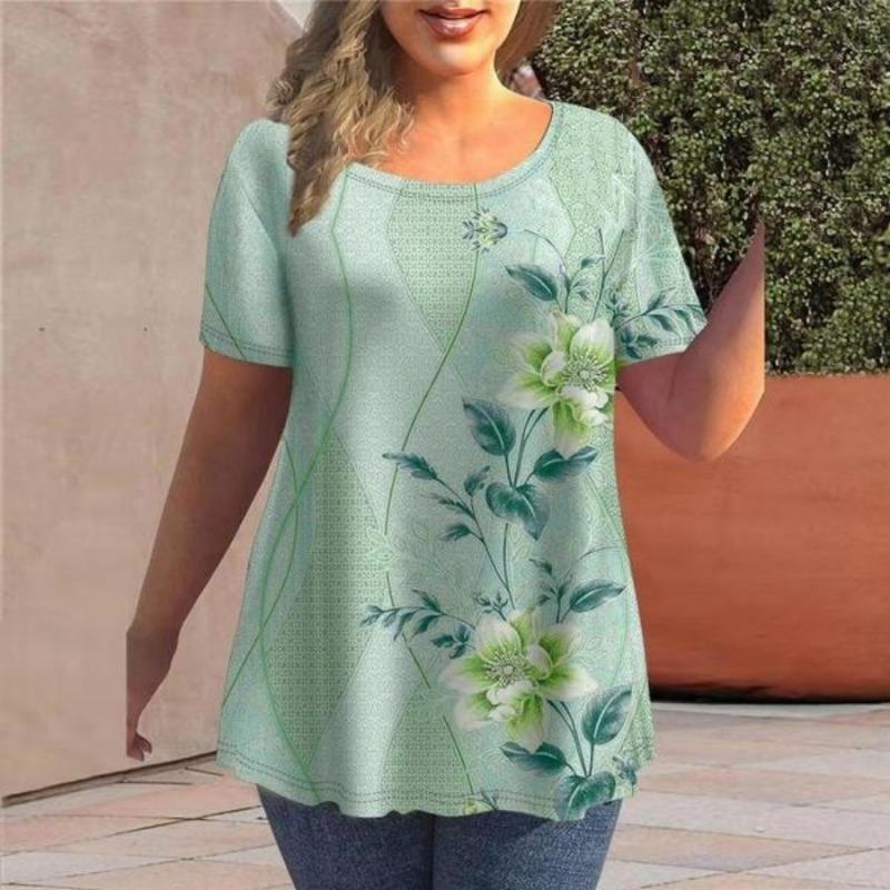 Summer Round Neck 3D Floral Butterfly Printed Top Fashionable Casual Short Sleeved Women's Plus SizeT-shirts