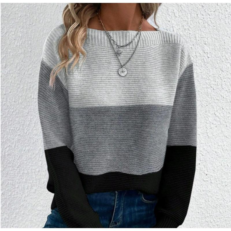 Damen S Farbblock Strickpullover Rundhalsausschnitt Langarm Pullover