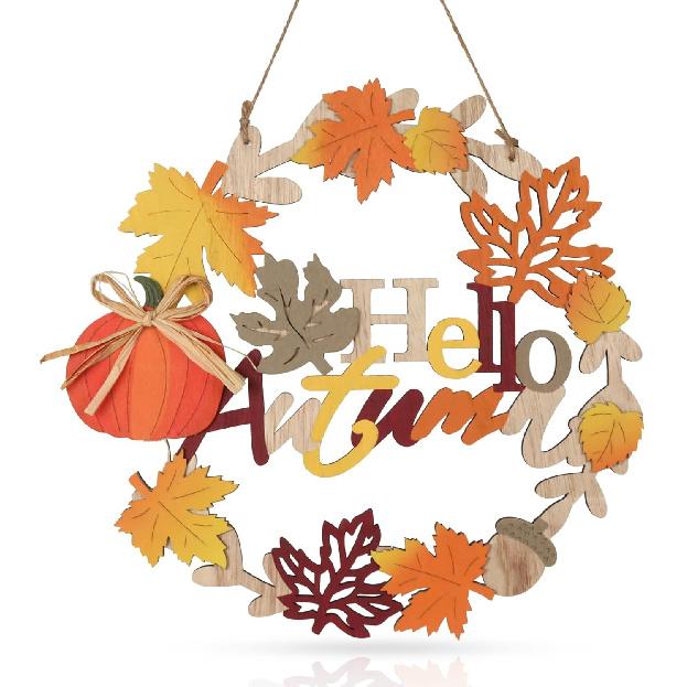 Fall Front Door Decor, 12 Inch Fall Wreaths for Front Door, 3D Wooden Fall Door Sign Hanging Pumpkin Maple Leaf Wreath with Autumn Sign for Harvest