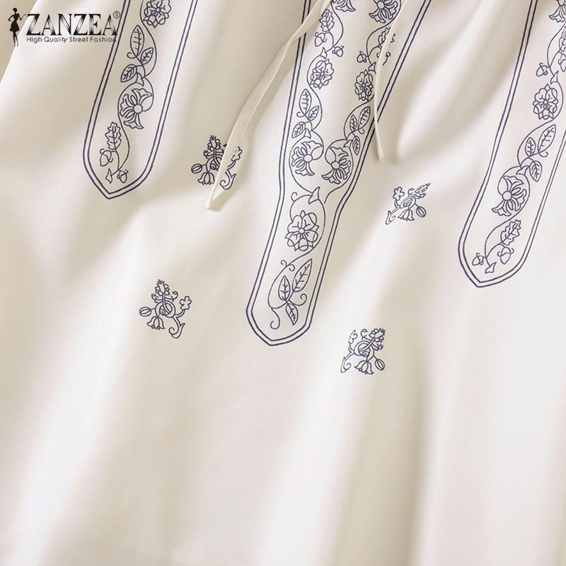 ZANZEA Damen Bluse mit Rundhalsausschnitt, langen Ärmeln und Schnürung, bedruckt