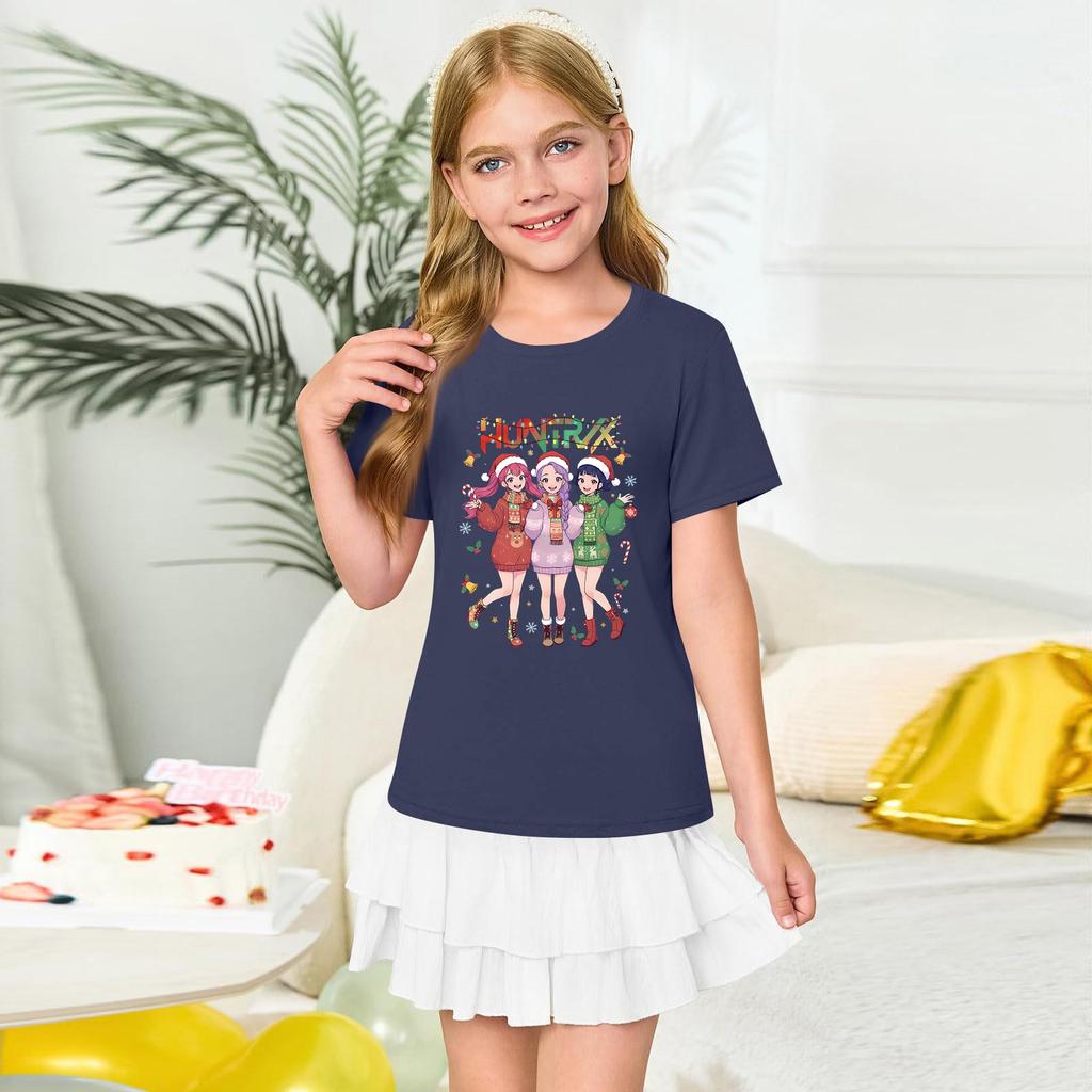 Girls' Round Neck Short Sleeves Christmas Witch Group Print Casual Short Sleeves