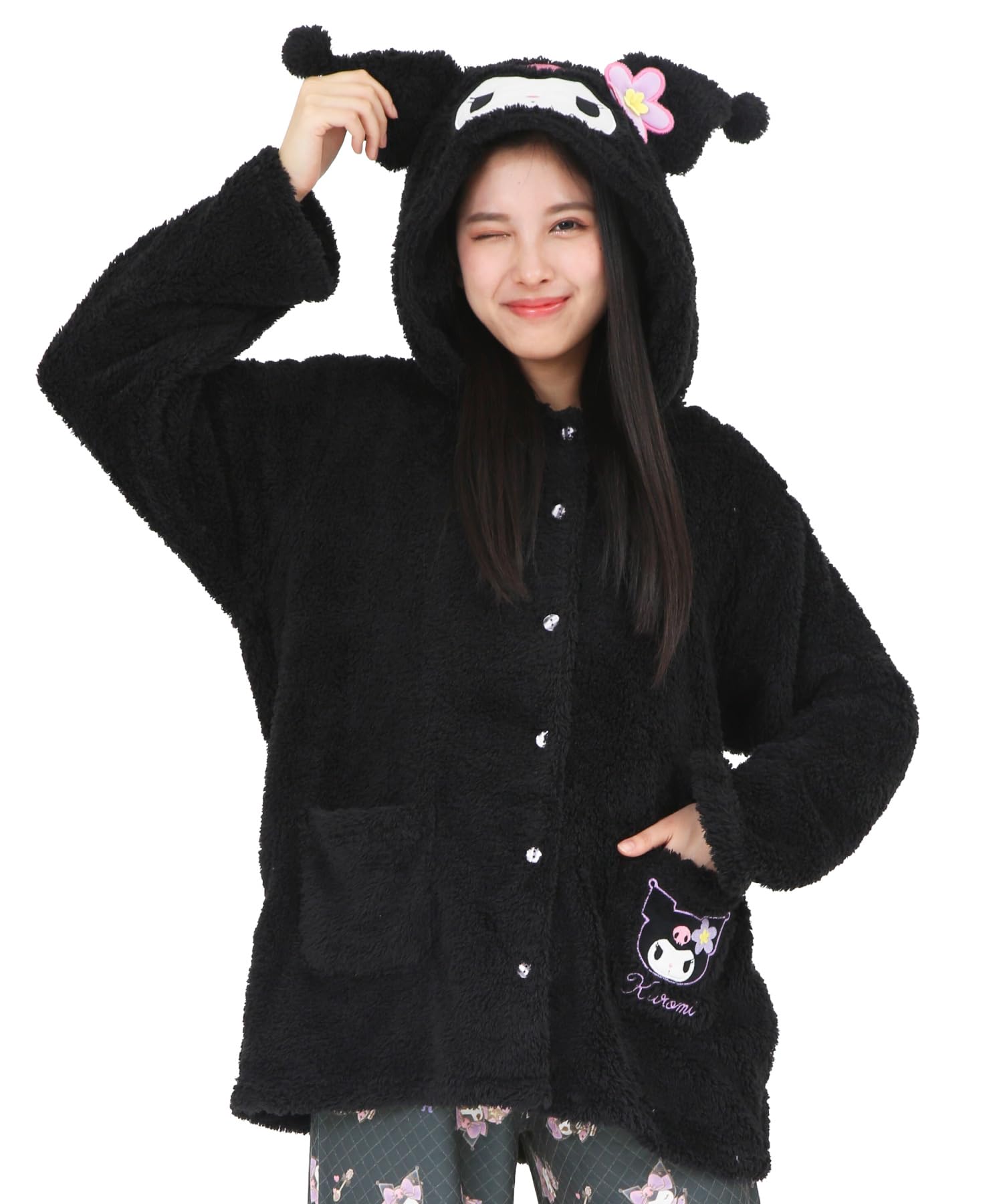 

Kuromi Gown Poodle Boa Long Sleeve Top with Ears Warm Size SAN1874 [SAZAC] Dress-up Women s M-L