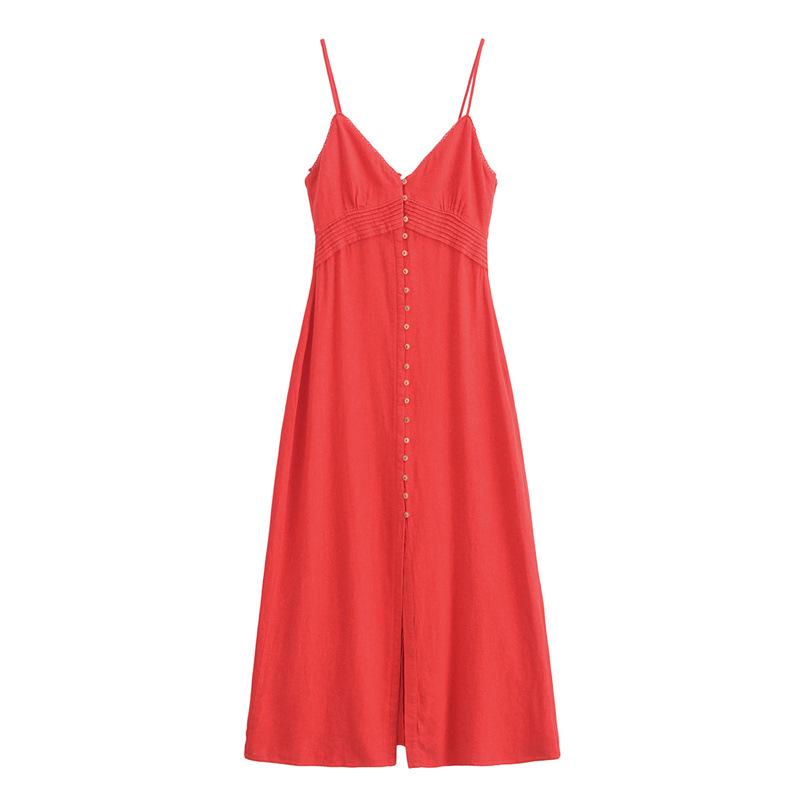 European & American Style 2026 Linen Blend Button-Up Strap Dress 7964709