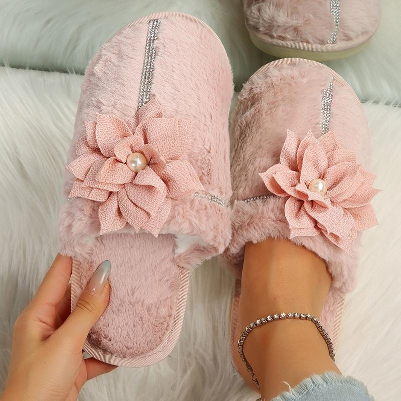 fashion Fashion Flower Decor Furry Slippers Women Crystal Warm Fur Home Cotton Shoes Woman 2024 Winter Comfort Soft Sole Plush Slides