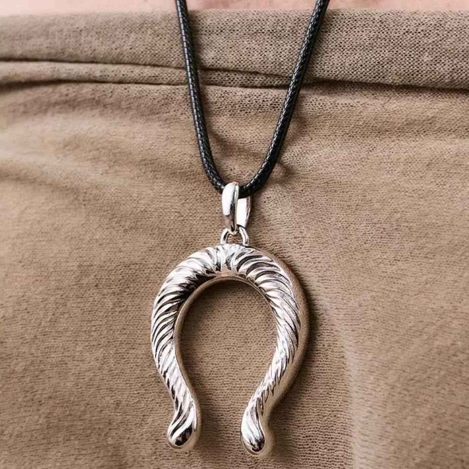 Industrial Chic Horseshoe Pendant Necklace with Black Wax Cord - Unique, Fashionable & Versatile Sweater Chain