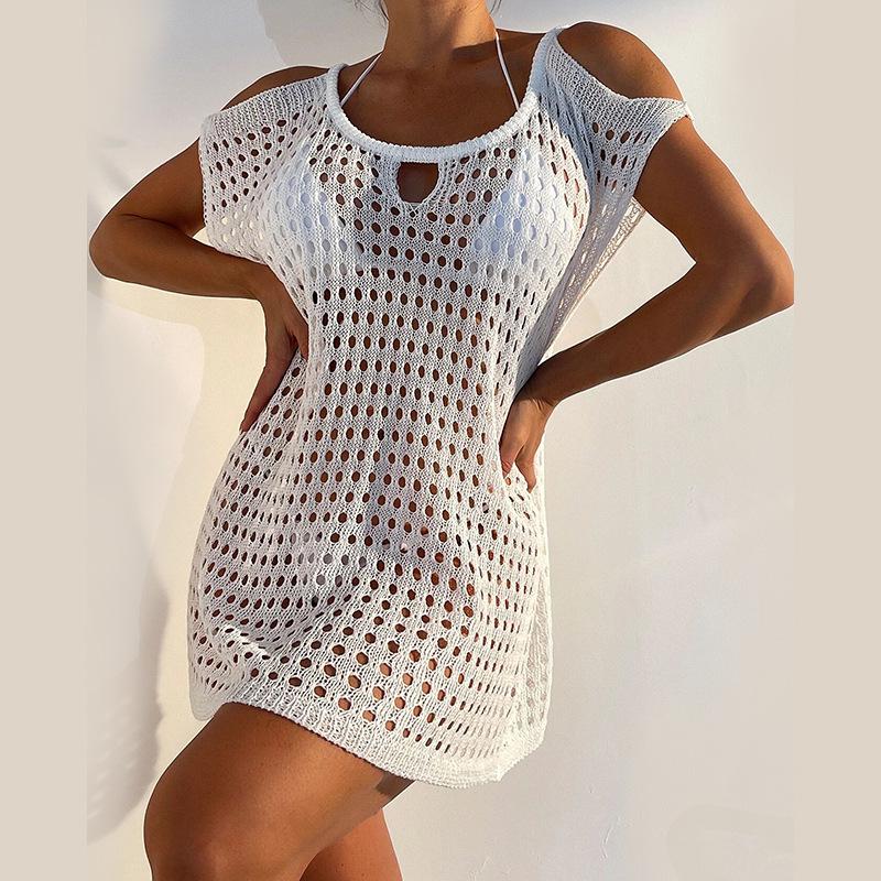 New Hollow Knitted Off-shoulder Mesh Skirt Beach Skirt Bikini Blouse Vacation Knitted Sunscreen Shirt Women
