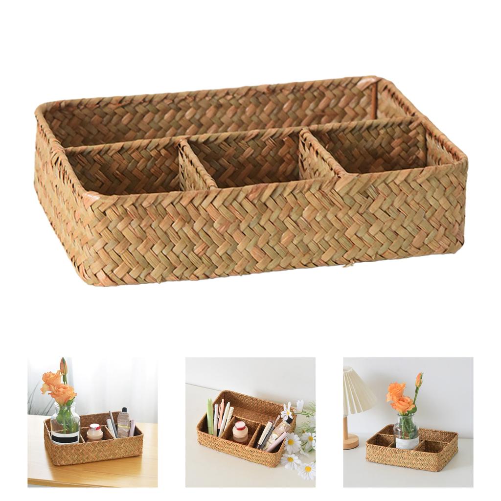 Rural Type Divided Straw Woven Basket Airy Storage Organized Ideal For Dry Food Home Ornament