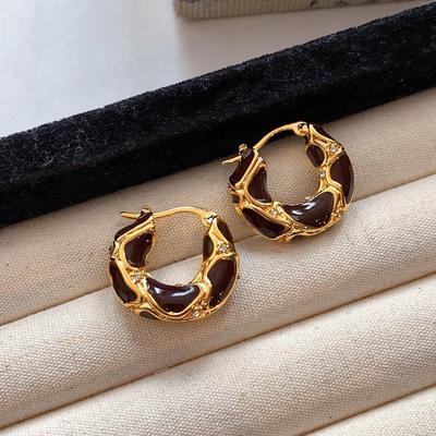 Gold Electroplated Wine Red Enamel Retro C-Shaped Earrings for Women - Luxurious & High-End