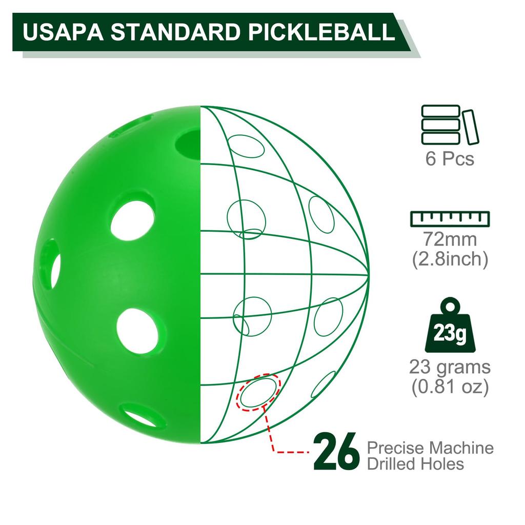 PATIKIL Outdoor Pickleball Ball 26 Holes Pickleball 6 Pack Amateur Indoor and Outdoor Sports Grass Green